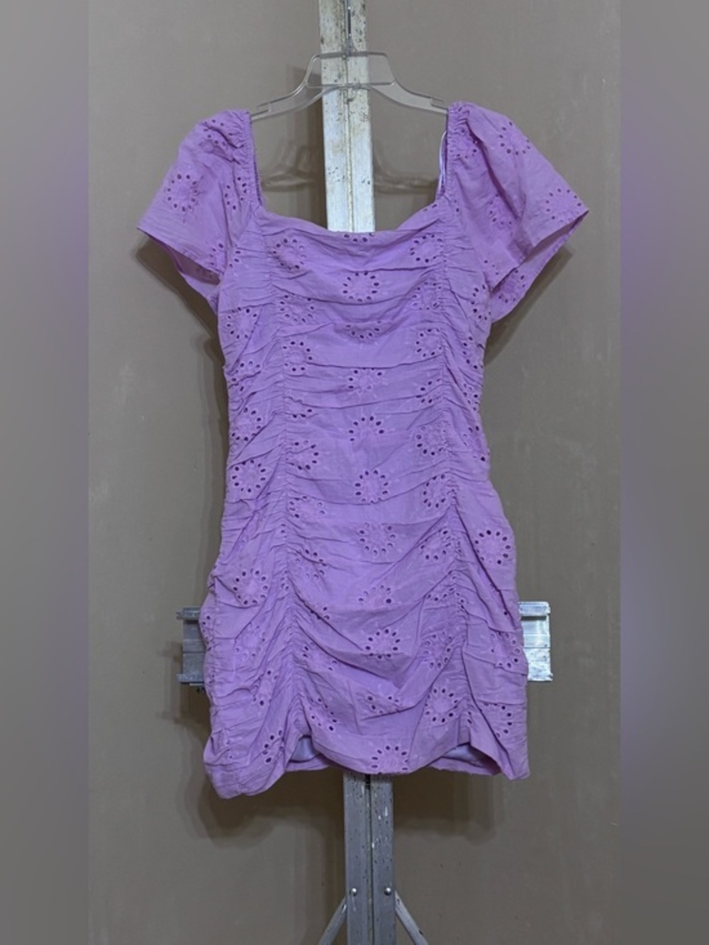 Lush Lilac Eyelet Ruched Mini Dress Sz M Cottagecore Coquette Romantic Y2K